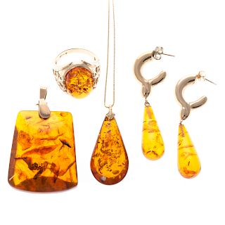 A Lady's Collection of Amber Jewelry in 14K Gold
