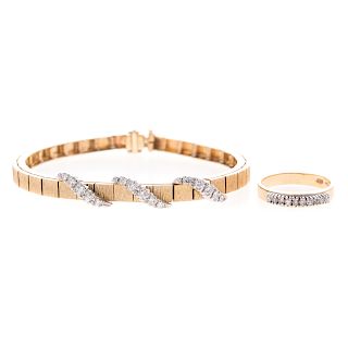 A Lady's Diamond Bracelet & Ring in 14K Gold
