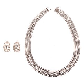 A Lady's White Gold Braided Necklace & Earrings