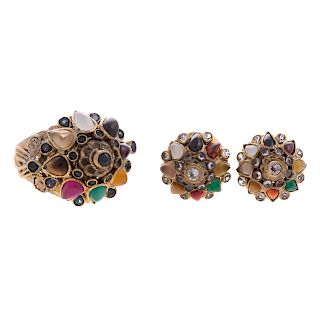 A Bombe Style Gemstone Ring & Earrings in 14K