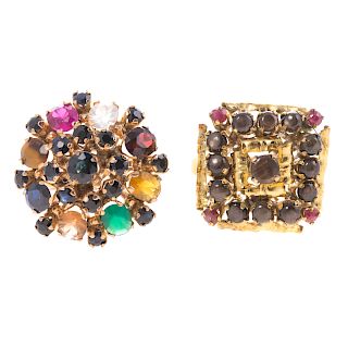 A Pair of Lady's 14K Gemstone Cluster Rings