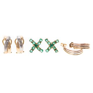 A Trio of 14K Lady's Earrings, One with Emeralds