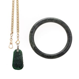 A Jade Bangle, Carved Pendant, & 14K Gold Chain