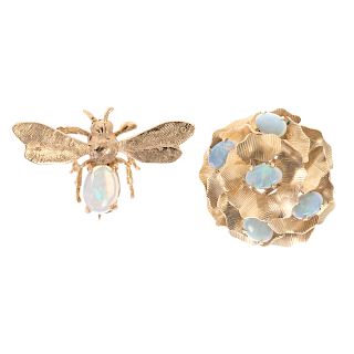 A Lady's Gold Opal Leaf Ring and Bug Pin
