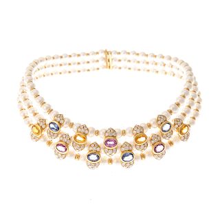 A Lady's Diamond, Gemstone & Pearl Necklace in 18K