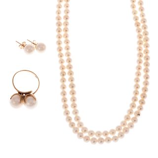 A Collection of Cultured Pearl Jewelry in Gold