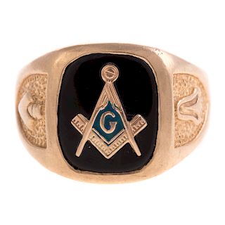 A Gent's 10K Masonic Black Enamel Ring