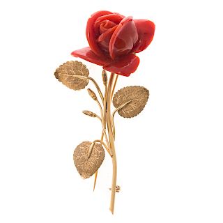 A Lady's Red Coral Rose Brooch in 18K Gold