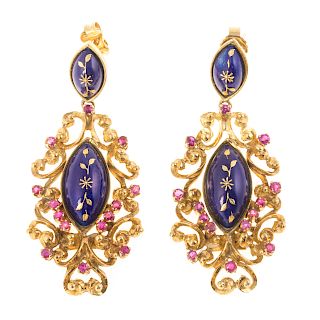 A Lady's Pair of Ruby & Enamel Earrings in 14K