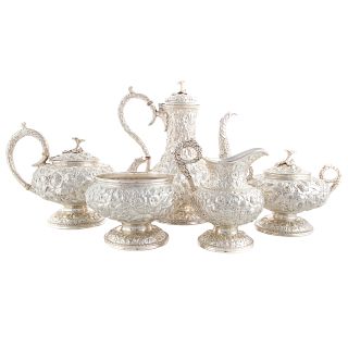 Kirk repousse coin silver 5-pc coffee/tea service