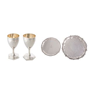 Georgian silver salver card tray and pair goblets