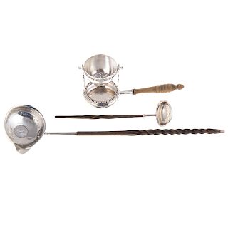 Cont. silver tea strainer & pair toddy ladles