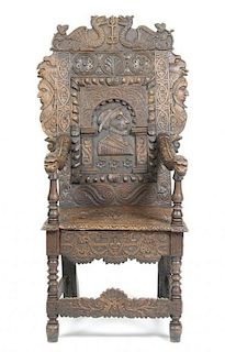 A 19th Century Spanish Style Armchair, Height 56 1/2 x width 28 11/16 x 25 3/4 inches
