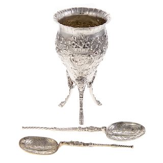 Victorian repousse silver tri-footed vessel