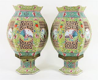 Chinese Hand Painted Hexagonal Porcelain Lanterns
