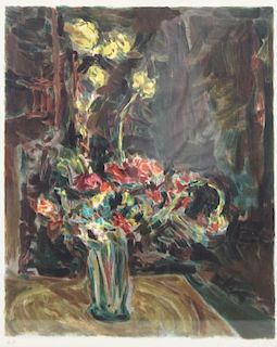 SIGNED in Hebrew. Color Lithograph. Floral Still