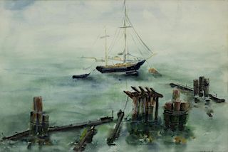 BUCHSBAUM, H. Watercolor. Ship and Piers.