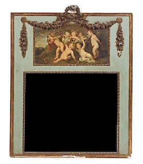 A Painted and Parcel Gilt Trumeau Mirror, Height 50 x width 39 1/2 inches.