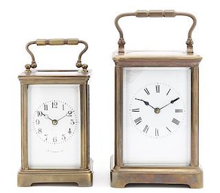 Two French Carriage Clocks, Height of tallest 7 1/8 x width 3 3/4 x depth 3 1/4 inches.