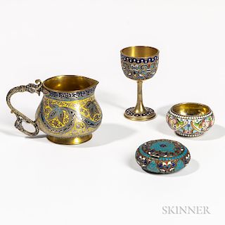 Three Pieces of Russian Silver and Cloisonne-enameled Tableware