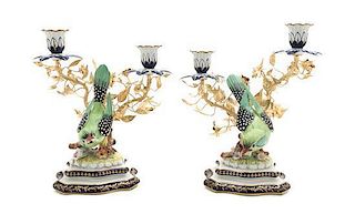 A Pair of Italian Porcelain and Gilt Metal Two-Light Candelabra, Height 10 inches.