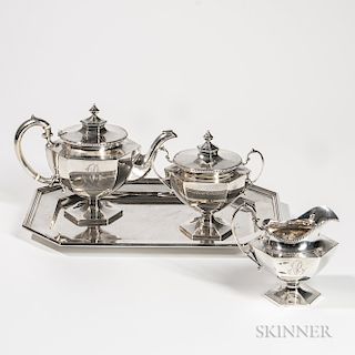 Three-piece Shreve, Crump & Low Sterling Silver Tea Service with Associated Sterling Silver Tray