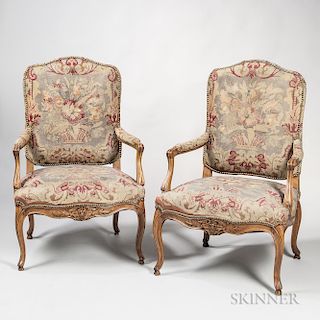 Pair of Louis XV-style Tapestry-upholstered Beechwood Armchairs