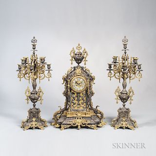 Three-piece Bronze and Silver Plate Clock Garniture