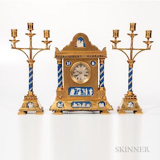 Three-piece Gilt-bronze-mounted and Wedgwood Jasper-inset Clock Garniture,