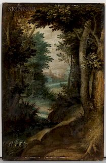 Flemish School, 17th Century Style  Distant Landscape through a Forest Glade