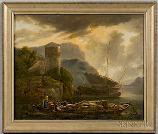 Jean-Louis Demarne (French, c. 1752-1829)  Boaters Making Landing near Coastal Cliffs