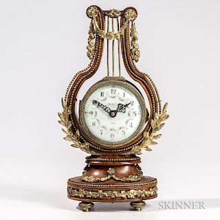 French Gilt-bronze-mounted Burlwood Lyre-form Clock