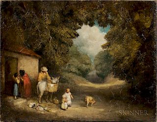 School of George Morland (British, 1763-1804)  Genre Scene with Figures and Animals by a Small Cottage
