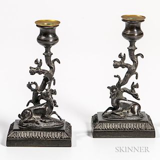 Pair of Bronze Deer-form Candlesticks