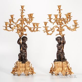 Pair of Gilded and Patinated Bronze Nine-light Candelabra