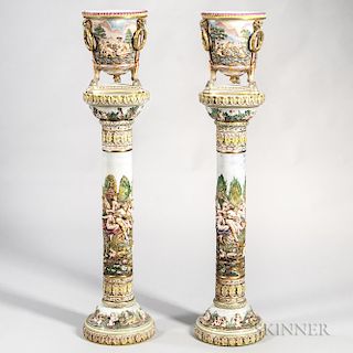 Pair of Capo di Monte-type Porcelain Jardinieres on Stands