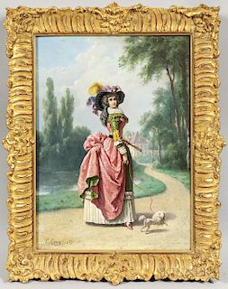 Francesco Gonin (Italian, 1808-1889)  Elegant Woman Strolling with Her Poodle
