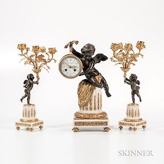 Gilt-bronze and Patinated Bronze-mounted Alabaster Clock Garniture