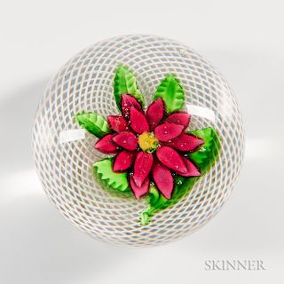 Saint Louis Double Red Clematis Over Latticinio Swirl Paperweight