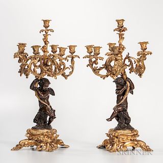 Pair of Gilded and Patinated Bronze Seven-light Candelabra