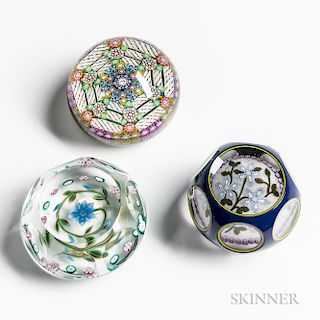 Three Floral Paperweights by Perthshire Glass, Selkirk Glass, and Peter McDougall