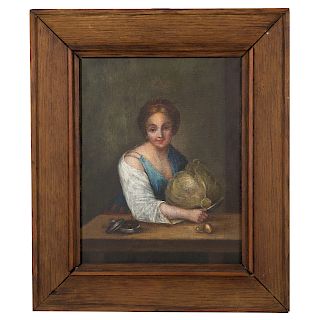 French School, 19th c., Woman Cutting Cabbage, oil