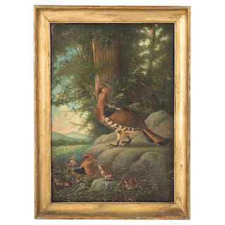 19th c. Grouse Family in Landscape, oil on canvas