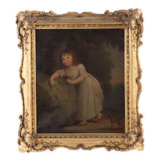 American School, 19th c. Girl with Pull Toy, oil