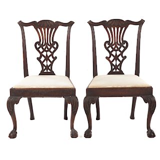 Pair Chippendale style carved mahogany side chairs