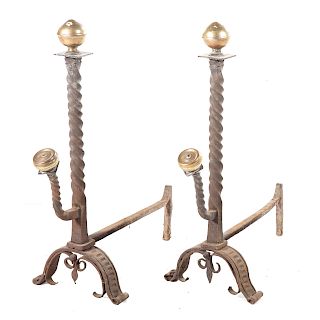 Pair late Victorian Arts and Crafts style iron andirons