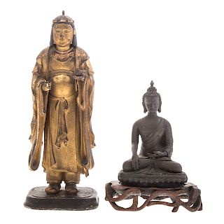 Indian bronze Buddha and Chinese giltwood sage