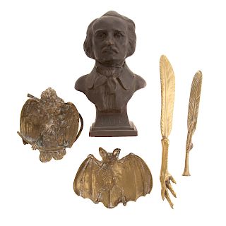 Bronze E.A. Poe bust, and brass desk articles