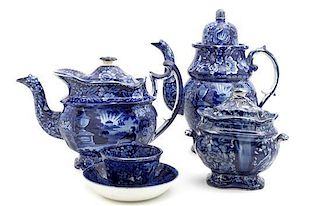 A Historical Blue Staffordshire Partial Tea and Coffee Service, possibly Enoch Wood & Sons, Height of first 11 1/2 inches.