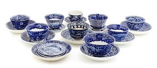 Six Historical Blue Staffordshire Tea Cups and Saucers, Diameter of first saucer 5 7/8 inches.